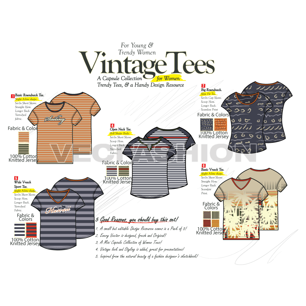 A vintage look fashion set inspired from a Fashion Designer’s Sketchbook. This small collection of tees is based on Nautical Theme and have six Women Tees presenting on Modern Fashion Trends. The basic structure of all vectors are same, so they go together in a collection.