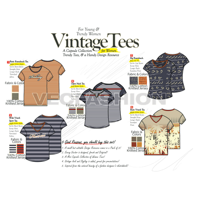A vintage look fashion set inspired from a Fashion Designer’s Sketchbook. This small collection of tees is based on Nautical Theme and have six Women Tees presenting on Modern Fashion Trends. The basic structure of all vectors are same, so they go together in a collection.