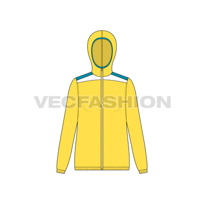 A vector apparel template for Women's Windbreaker Jacket. It has contrast colored panels and elastic on cuffs and bottom hem.