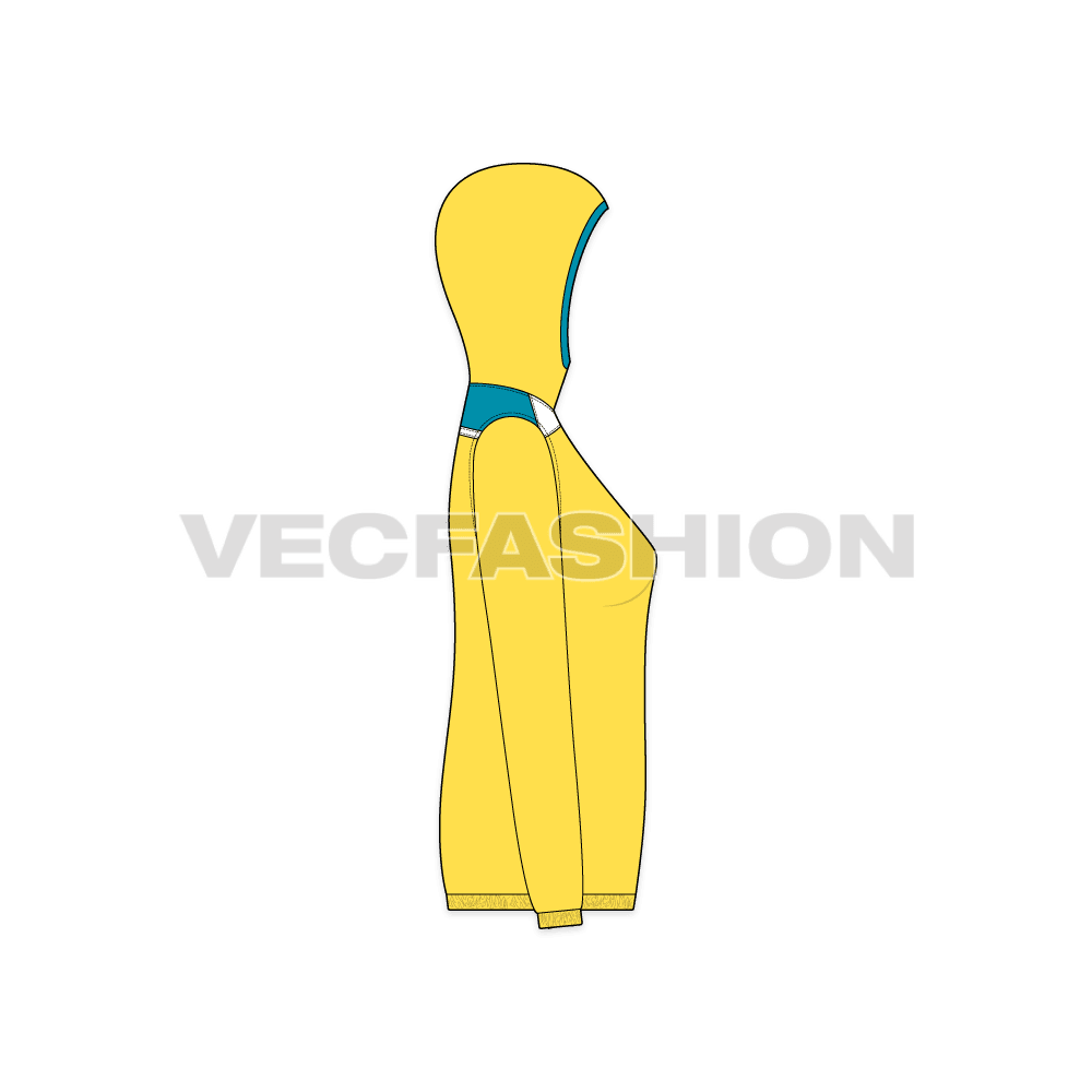 A vector apparel template for Women's Windbreaker Jacket. It has contrast colored panels and elastic on cuffs and bottom hem.