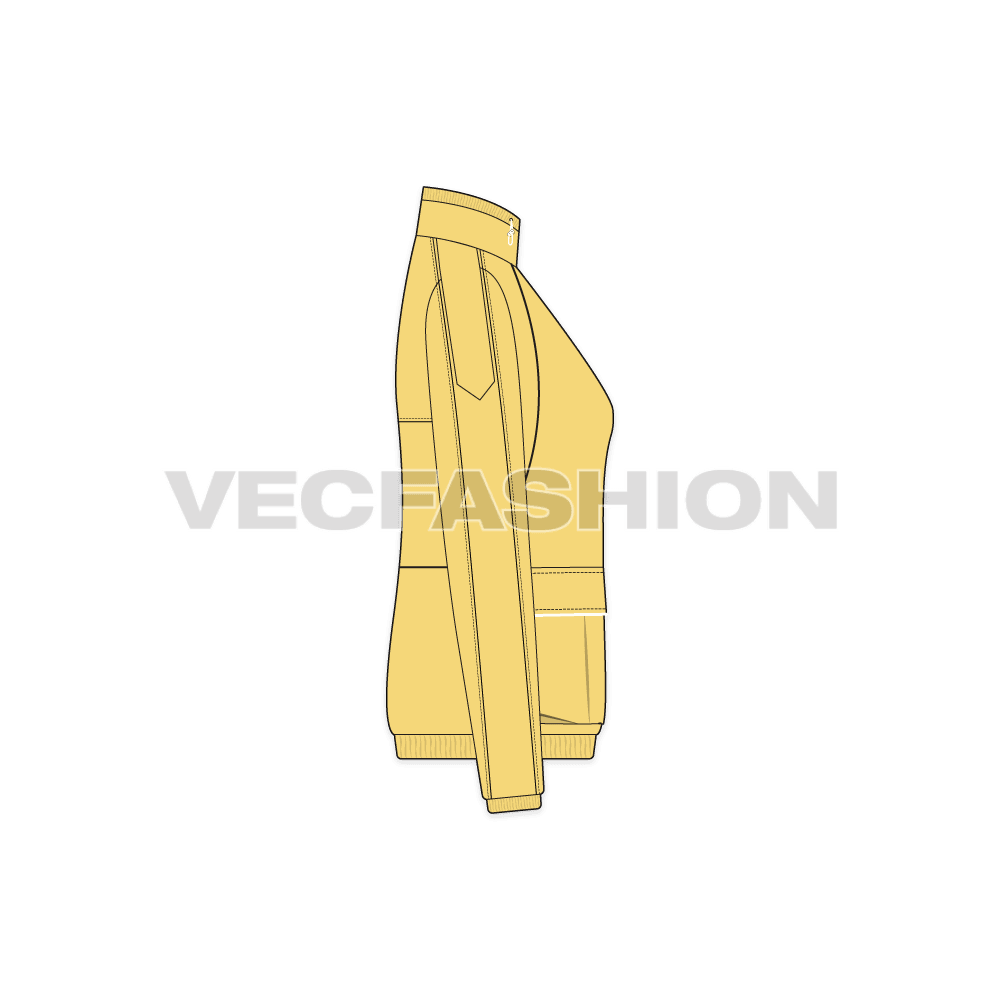 A vector illustrator template for Women's Windbreaker Jacket. It is a very nice style with big pockets on front, contrast colored piping and big straps on shoulder.