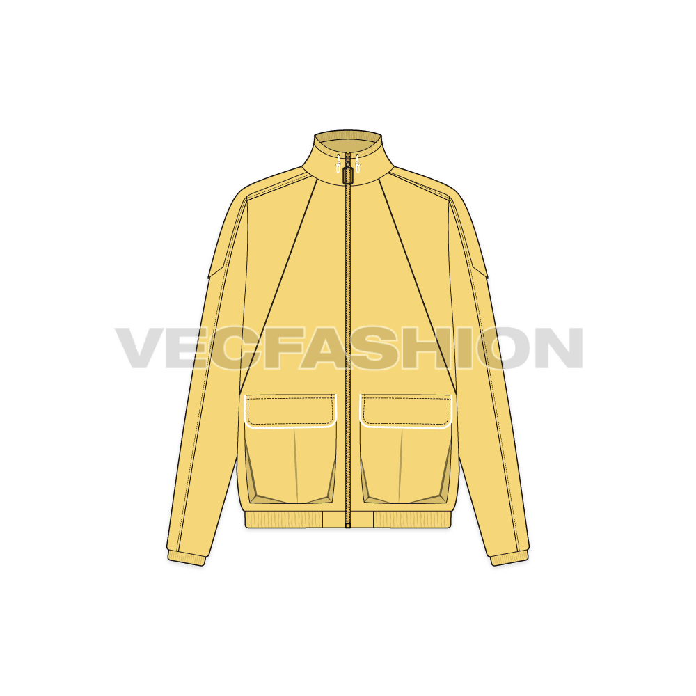 A vector illustrator template for Women's Windbreaker Jacket. It is a very nice style with big pockets on front, contrast colored piping and big straps on shoulder.