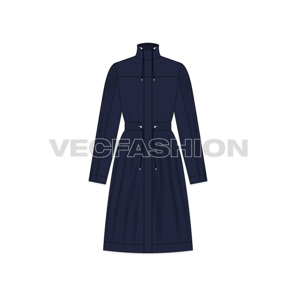 A vector template for Women's Winter Coat. It has wide body cut and decorated with special trims and long strings. 