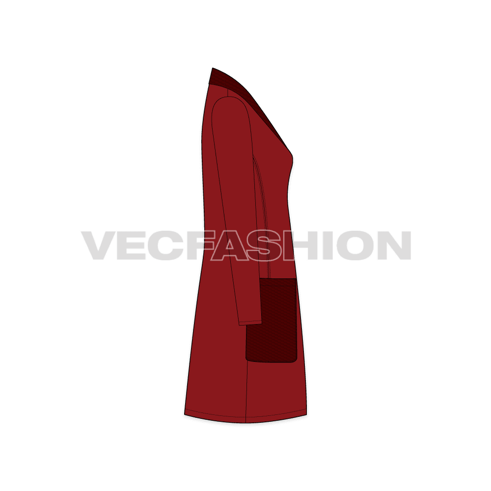 A vector apparel template for Women's Outerwear Jacket. It is rendered in 5 colors and have all details like, pockets, panels, showing inside lining view etc.