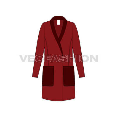 A vector apparel template for Women's Outerwear Jacket. It is rendered in 5 colors and have all details like, pockets, panels, showing inside lining view etc.