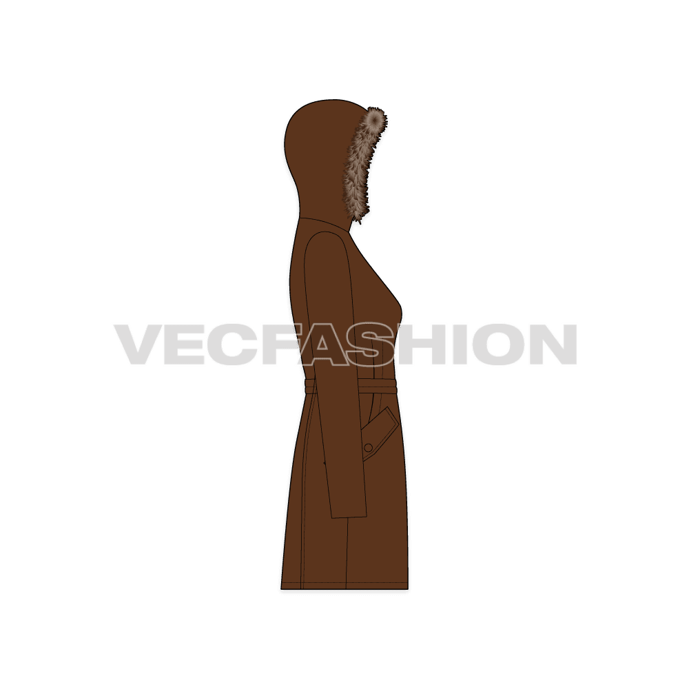 A vector template for Women's Winter Parka Coat. It is rendered with detailed fur around the hood and it has belt at east and pockets on the side.