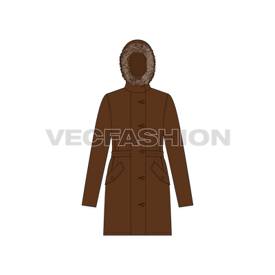 A vector template for Women's Winter Parka Coat. It is rendered with detailed fur around the hood and it has belt at east and pockets on the side.