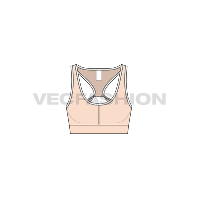 A vector fashion sketch template of Women's Workout Bra. It is rendered in black color with white colored trims. This is a great style with low neck great for work out exercise.