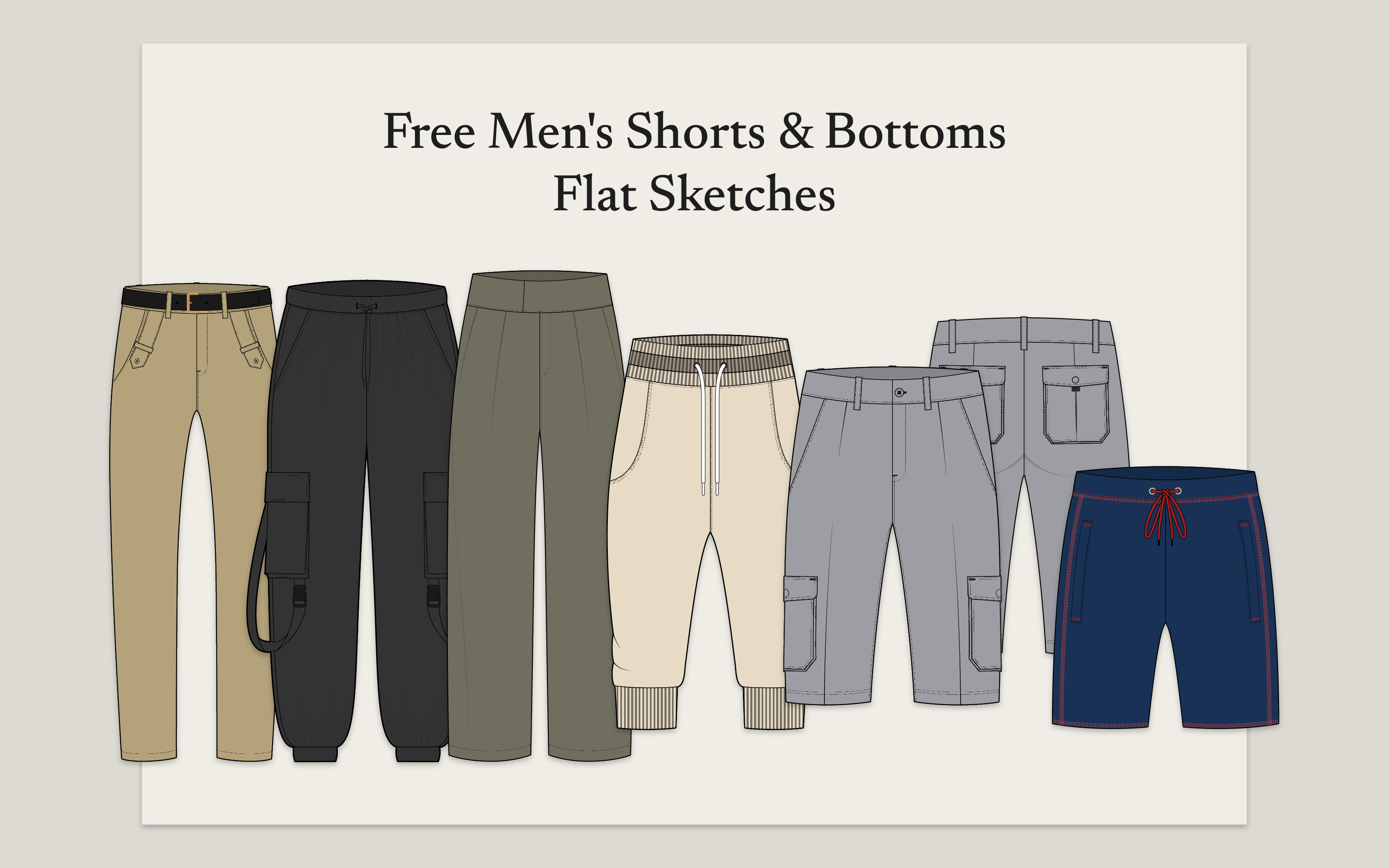 Free vector flat sketches for Mens Shorts and Bottoms