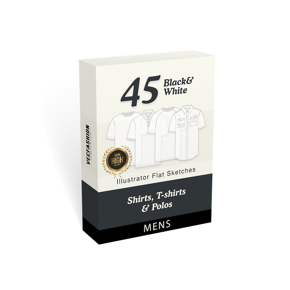 Bundled pack of 45 mens shirts and t-shirts flat sketches
