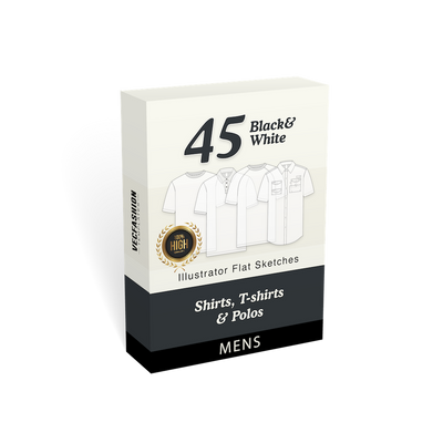 Bundled pack of 45 mens shirts and t-shirts flat sketches
