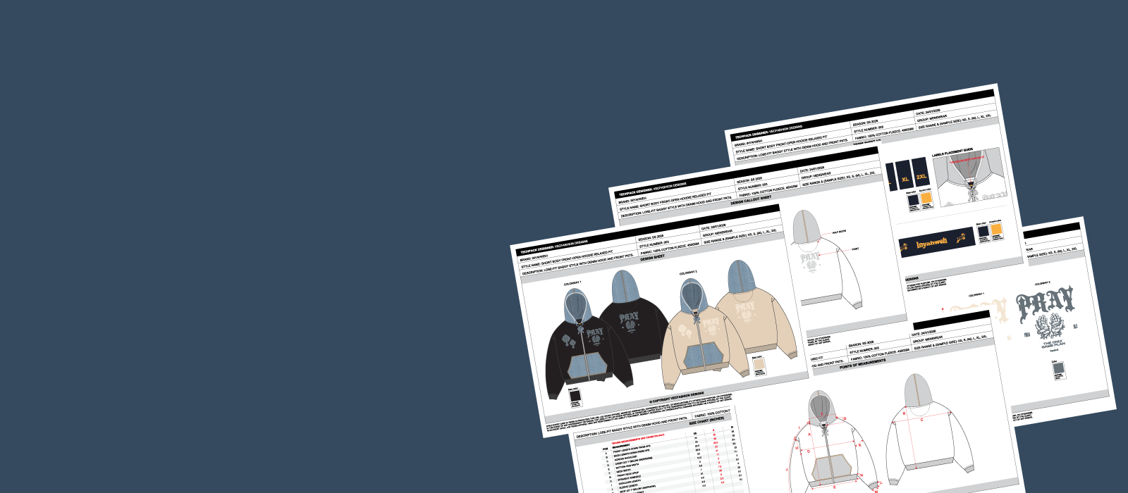 A digital mockup of a garment tech pack, showing several overlapping garment design sheets with hoodie sketches and printed layout pages, set against a solid dark blue background.