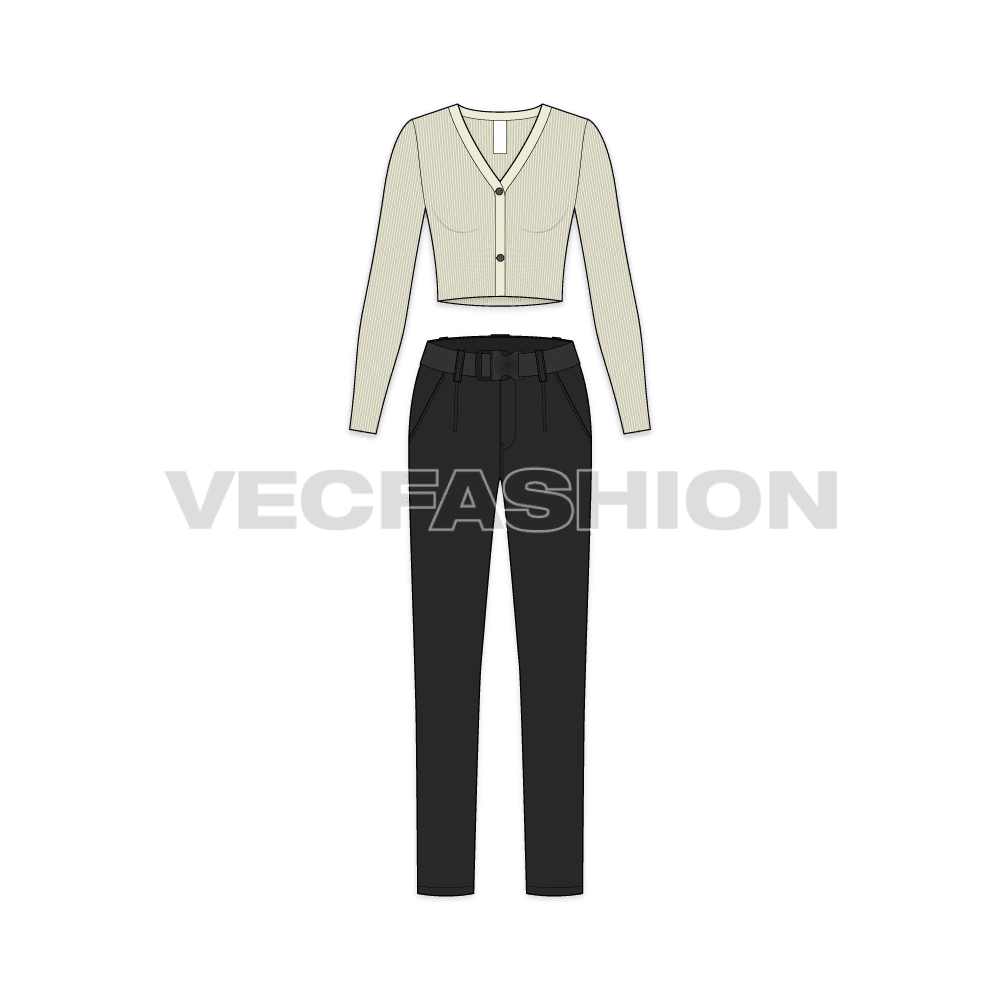Cropped v-neck cardigan flat sketch, front view