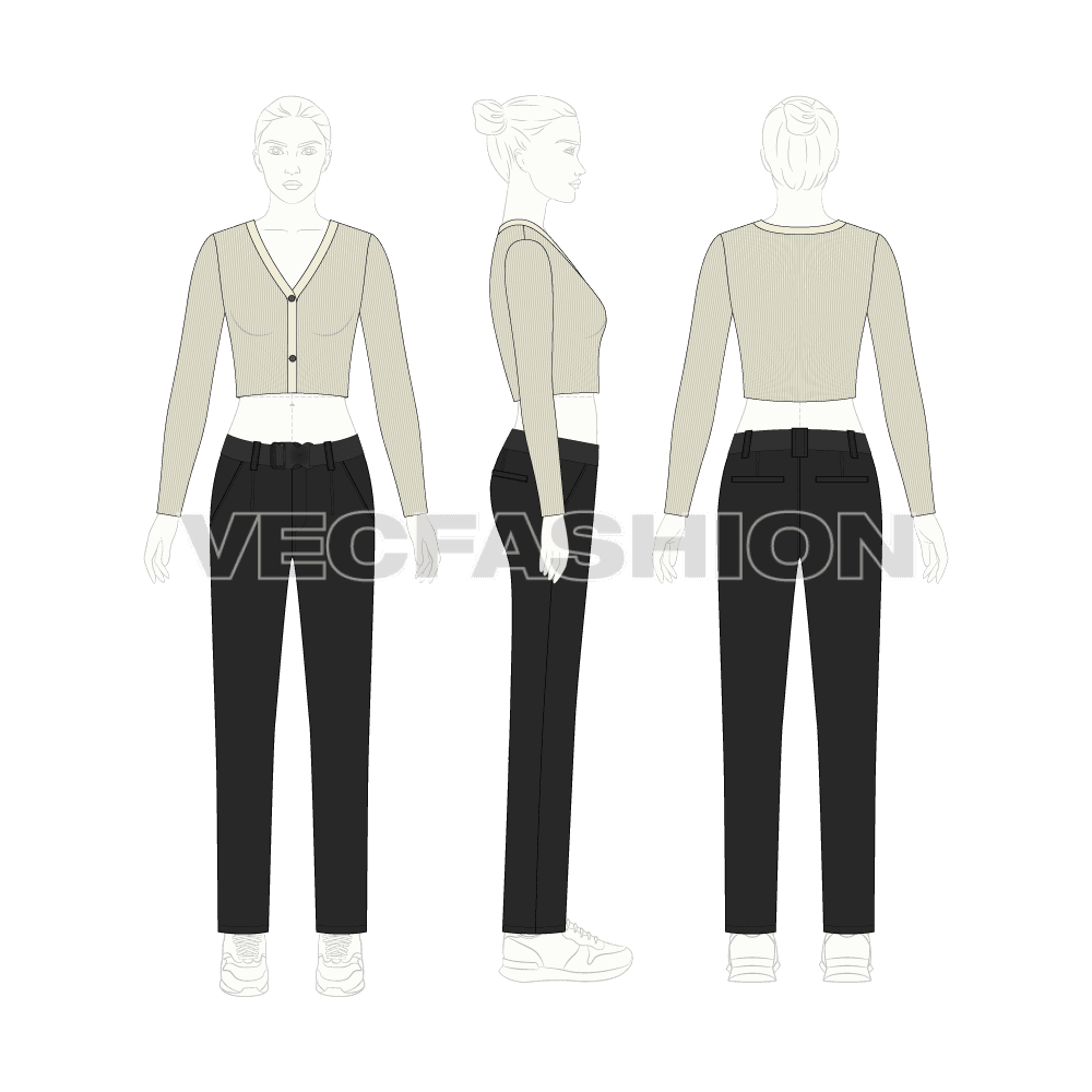 Cropped v-neck cardigan flat sketch, croqui sketch