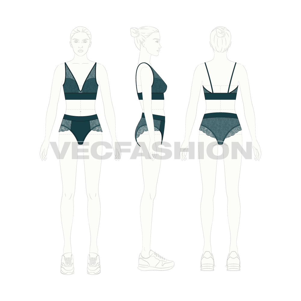Laced bra top and panties set flat sketch, croqui sketch