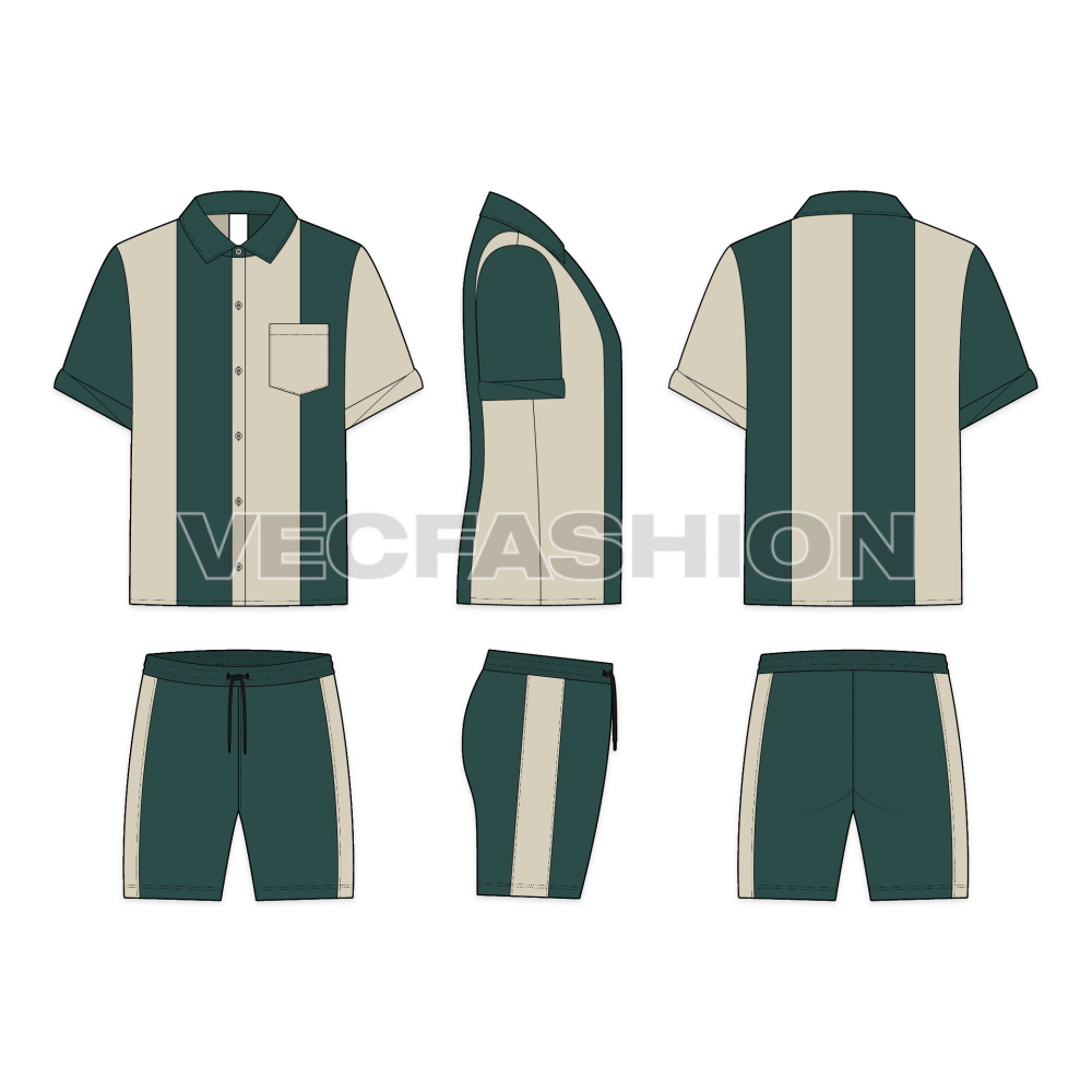 Men Beach Summer Sweatsuit Flat Sketch-front, side and back views.