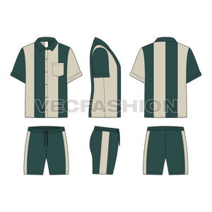 Men Beach Summer Sweatsuit Flat Sketch-front, side and back views.