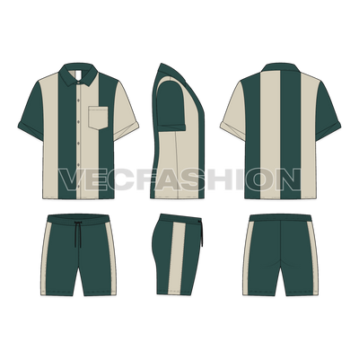 Men Beach Summer Sweatsuit Flat Sketch-front, side and back views.