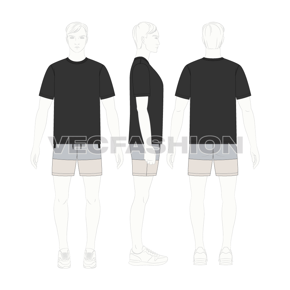Mens beachwear set, sunset print flat sketch, on croqui