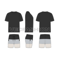 Mens beachwear set, sunset print flat sketch, showing all views, front, side and back
