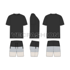 Mens beachwear set, sunset print flat sketch, showing all views, front, side and back