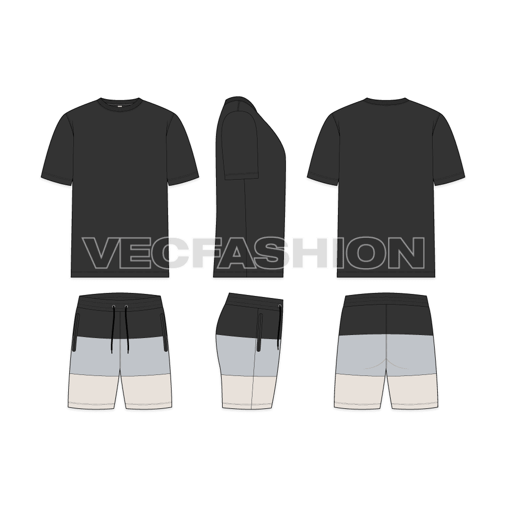 Mens beachwear set, sunset print flat sketch, showing all views, front, side and back
