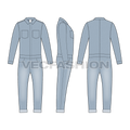 Mens Denim Boiler Suit Flat Sketch-front, side and back views.