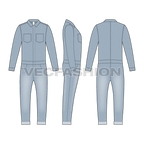 Mens Denim Boiler Suit Flat Sketch-front, side and back views.