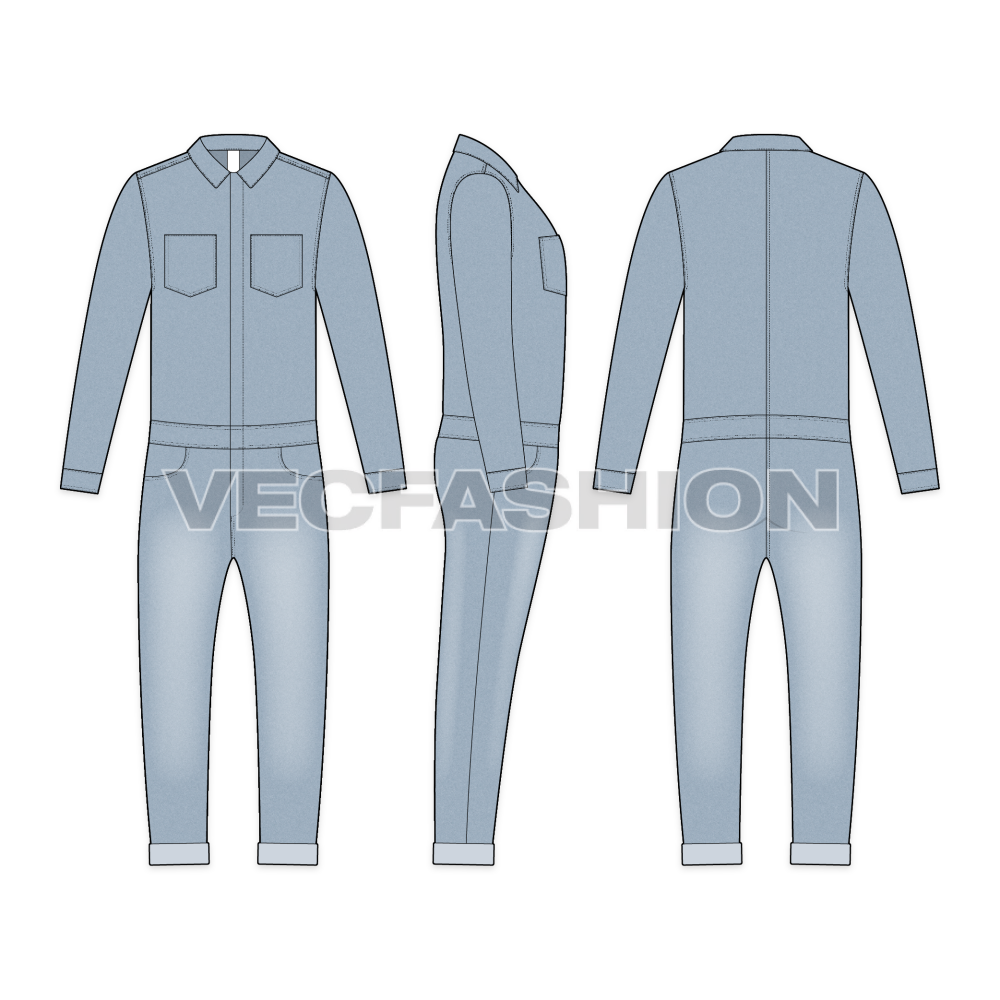 Mens Denim Boiler Suit Flat Sketch-front, side and back views.