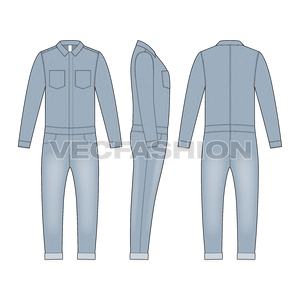 Mens Denim Boiler Suit Flat Sketch-front, side and back views.