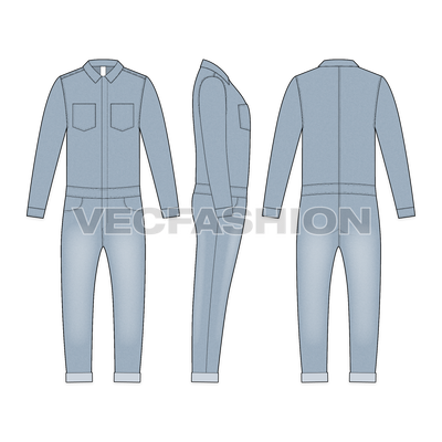 Mens Denim Boiler Suit Flat Sketch-front, side and back views.