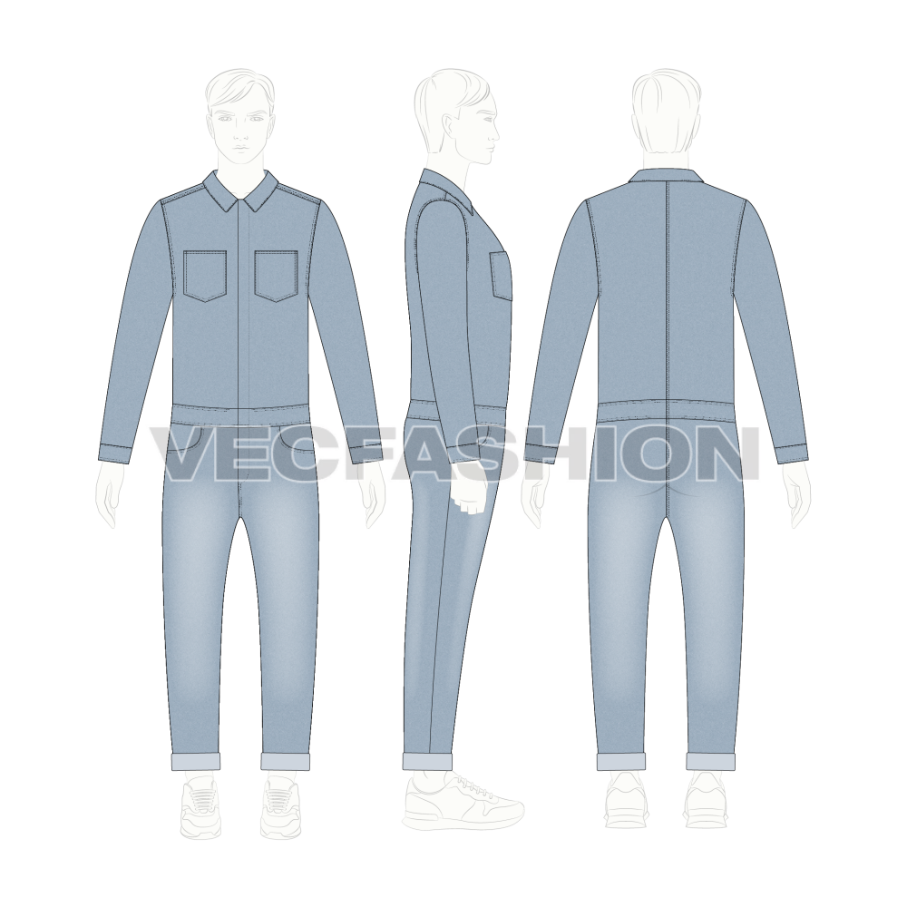 Mens Denim Boiler Suit Flat Sketch-on croqui template