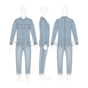 Mens Denim Boiler Suit Flat Sketch-on croqui template
