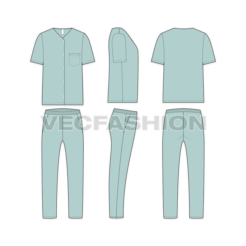 Mens loungewear set, mint flat sketch, showing all views, front, side and back