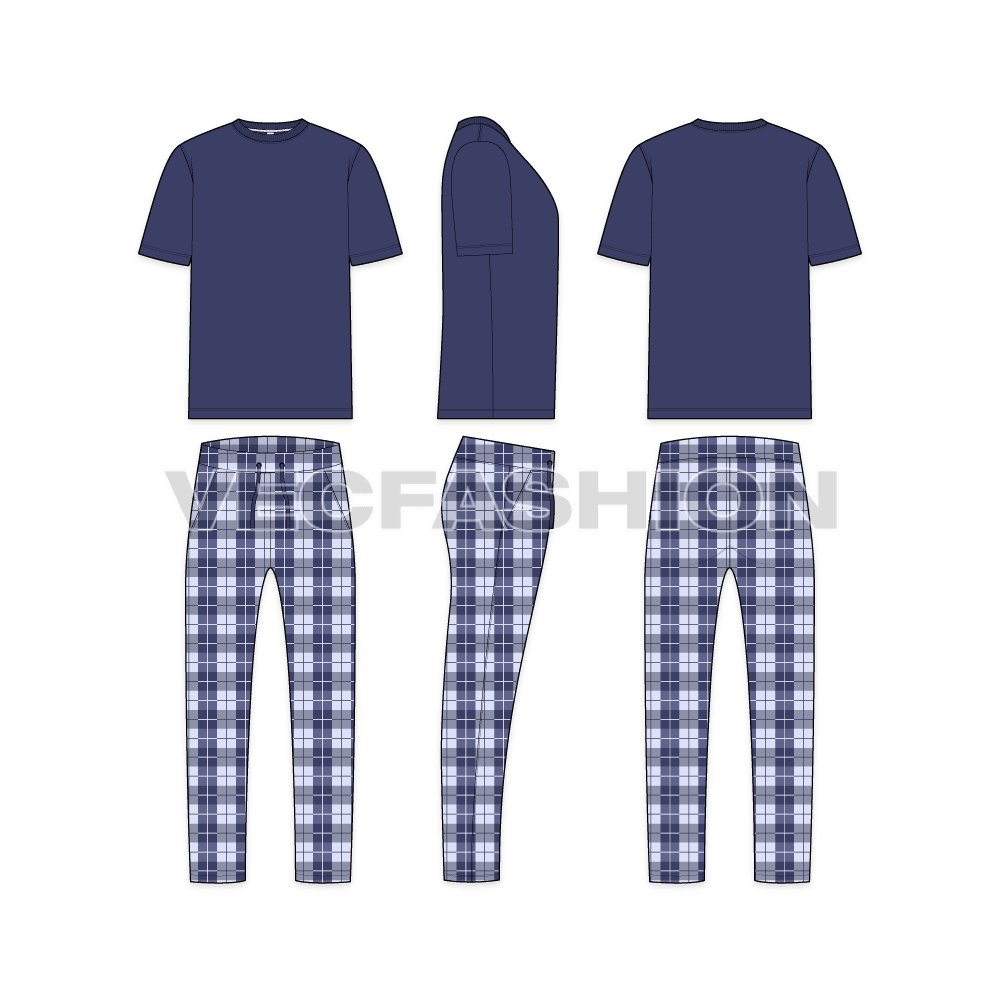 Mens night suit pajama set, printed flat sketch, showing all views, front, side and back