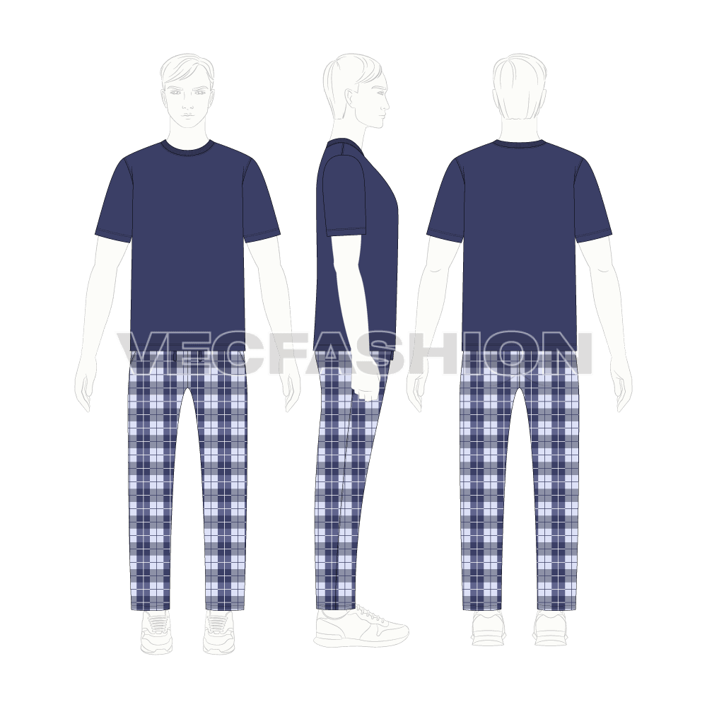 Mens night suit pajama set, printed flat sketch, on croqui