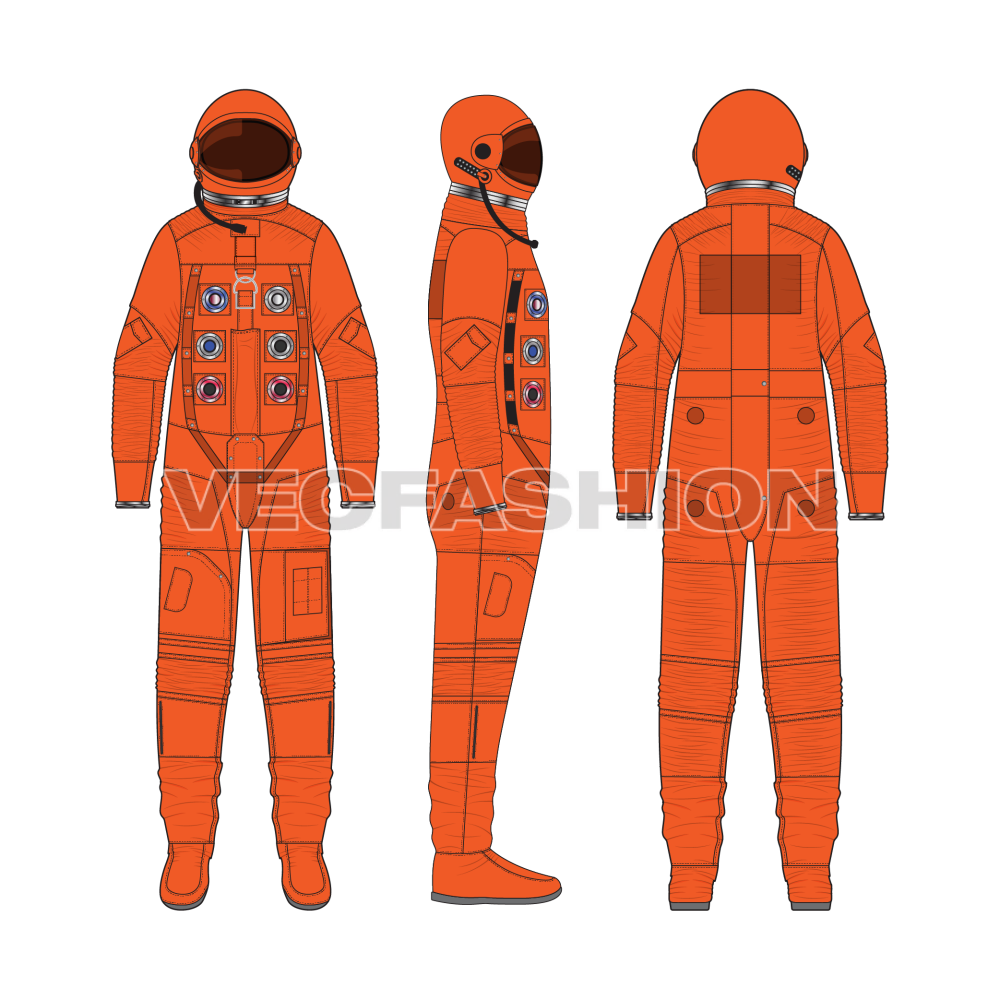 Mens Astronaut Space Suit Flat Sketch-front, side and back view