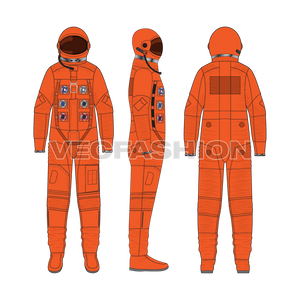 Mens Astronaut Space Suit Flat Sketch-front, side and back view