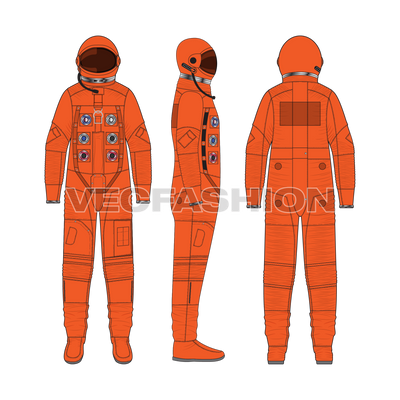 Mens Astronaut Space Suit Flat Sketch-front, side and back view