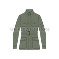 A flat vector illustration of a military-style Barbour jacket in olive green, featuring a stand-up collar, front button closure, chest and waist pockets, and a belt with a black buckle.