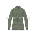 A flat vector illustration of a military-style Barbour jacket in olive green, featuring a stand-up collar, front button closure, chest and waist pockets, and a belt with a black buckle.