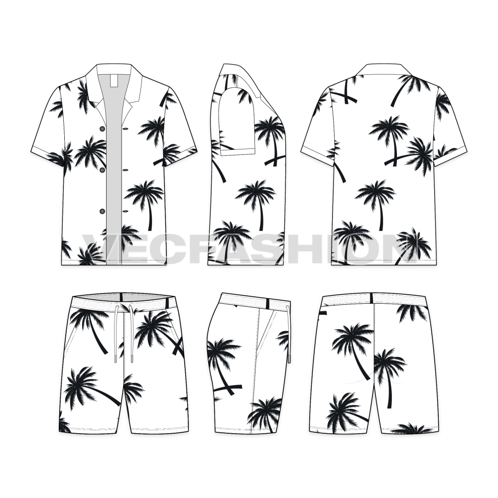Mens Beachwear Set-front, side and back views.