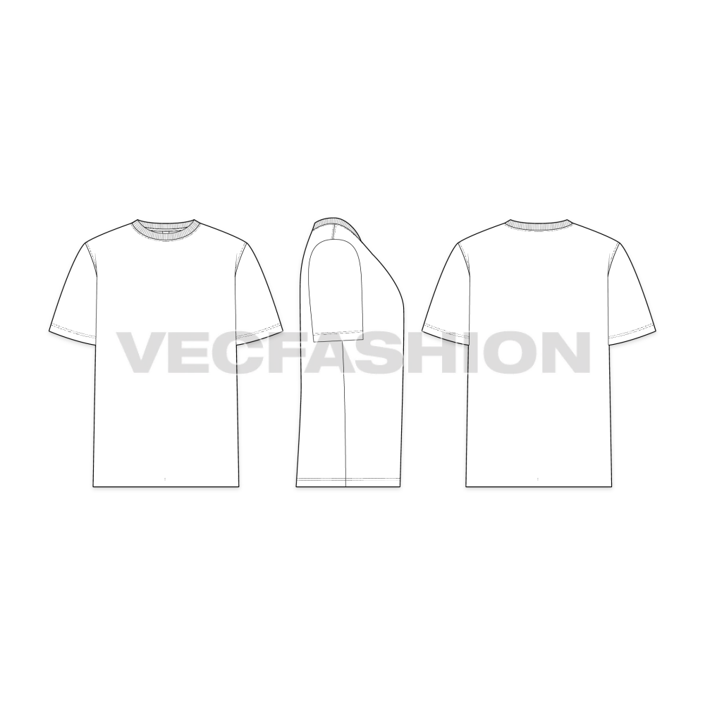 Mens Basic Crew Neck Flat Sketch-front, side and back views.