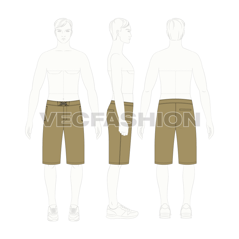 Mens board shorts flat sketch, croqui sketch