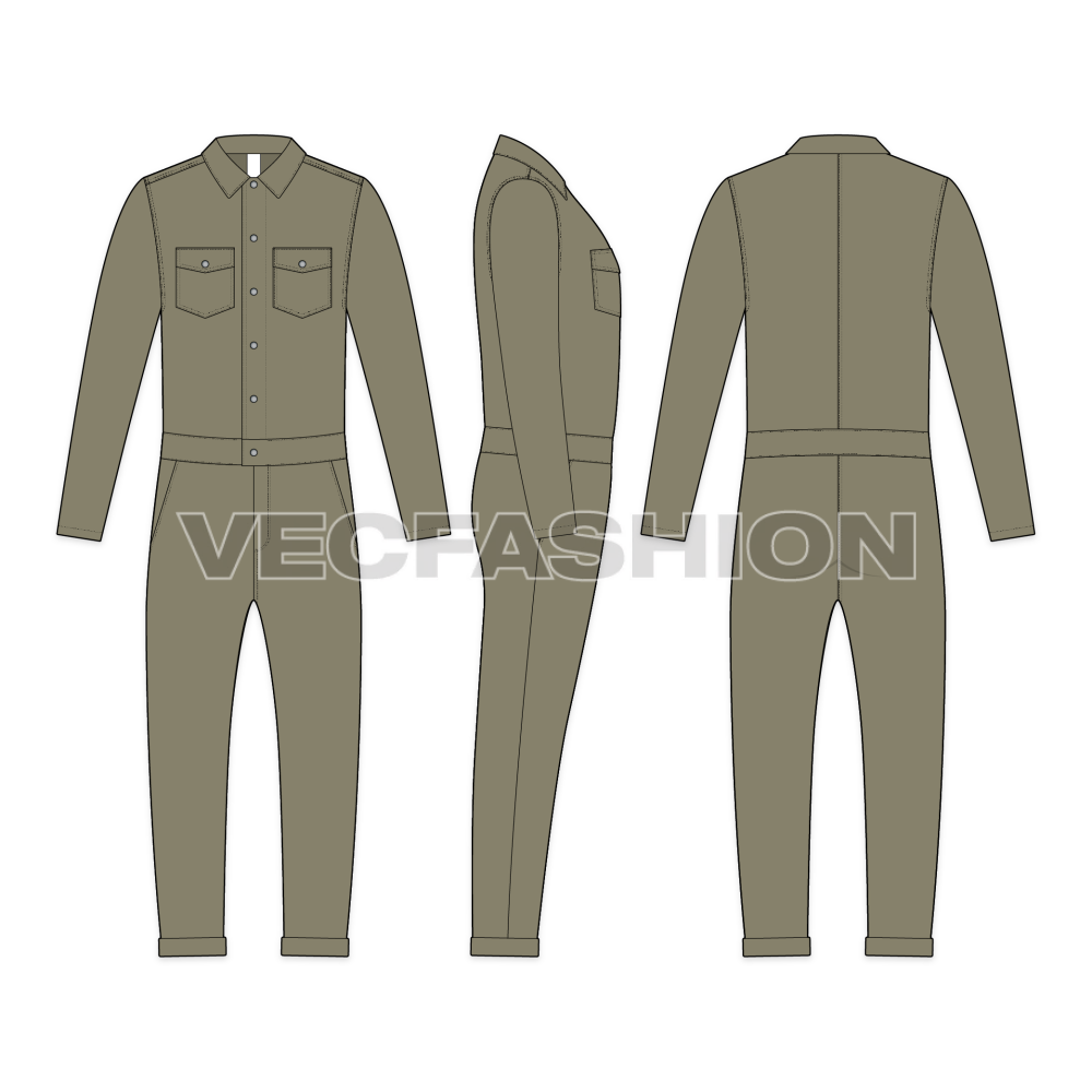 Mens Boiler Suit Vector Sketch-front, side and back views