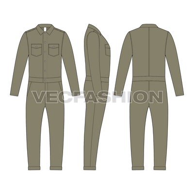 Mens Boiler Suit Vector Sketch-front, side and back views