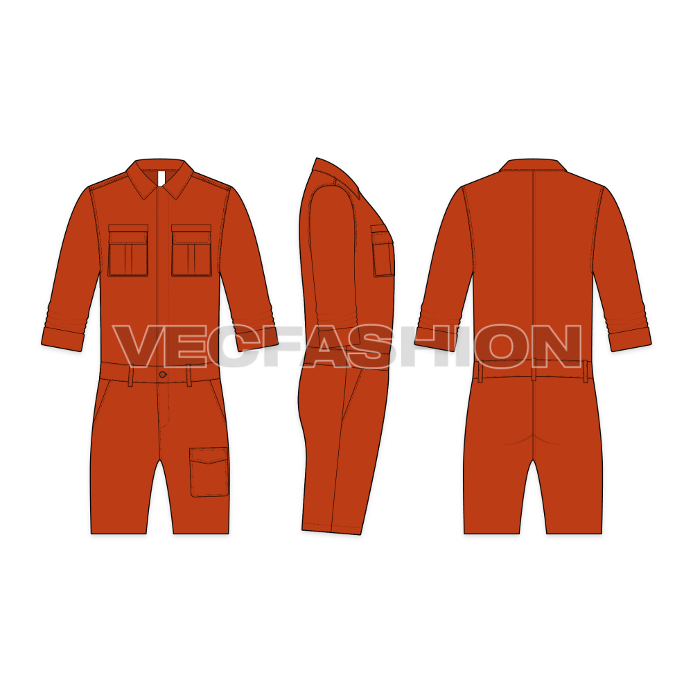 Mens Boiler Suit with Shorts Flat Sketch-front, side and back views.