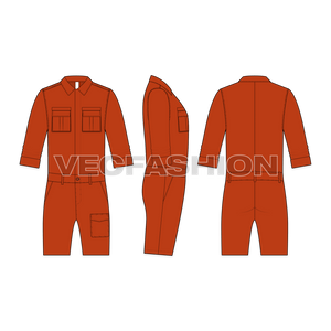 Mens Boiler Suit with Shorts Flat Sketch-front, side and back views.
