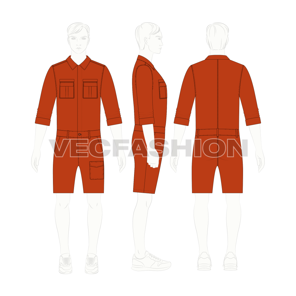 Mens Boiler Suit with Shorts Flat Sketch-on croqui