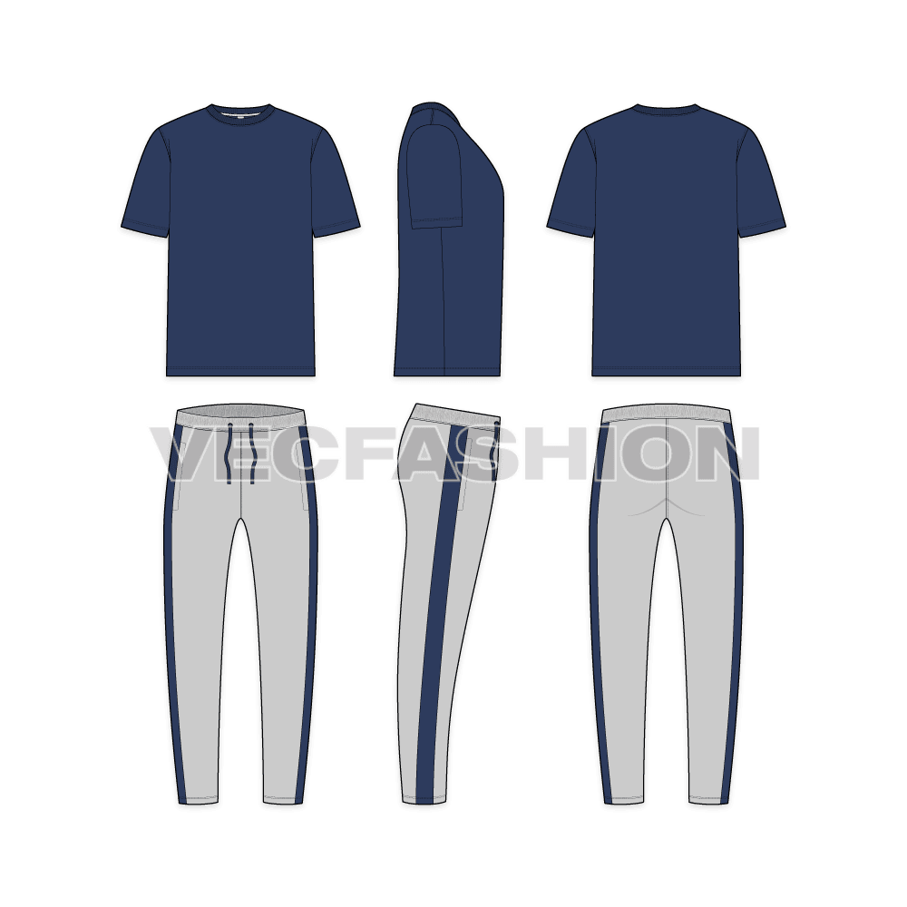Mens cotton pajama set flat sketch, showing all views, front, side and back